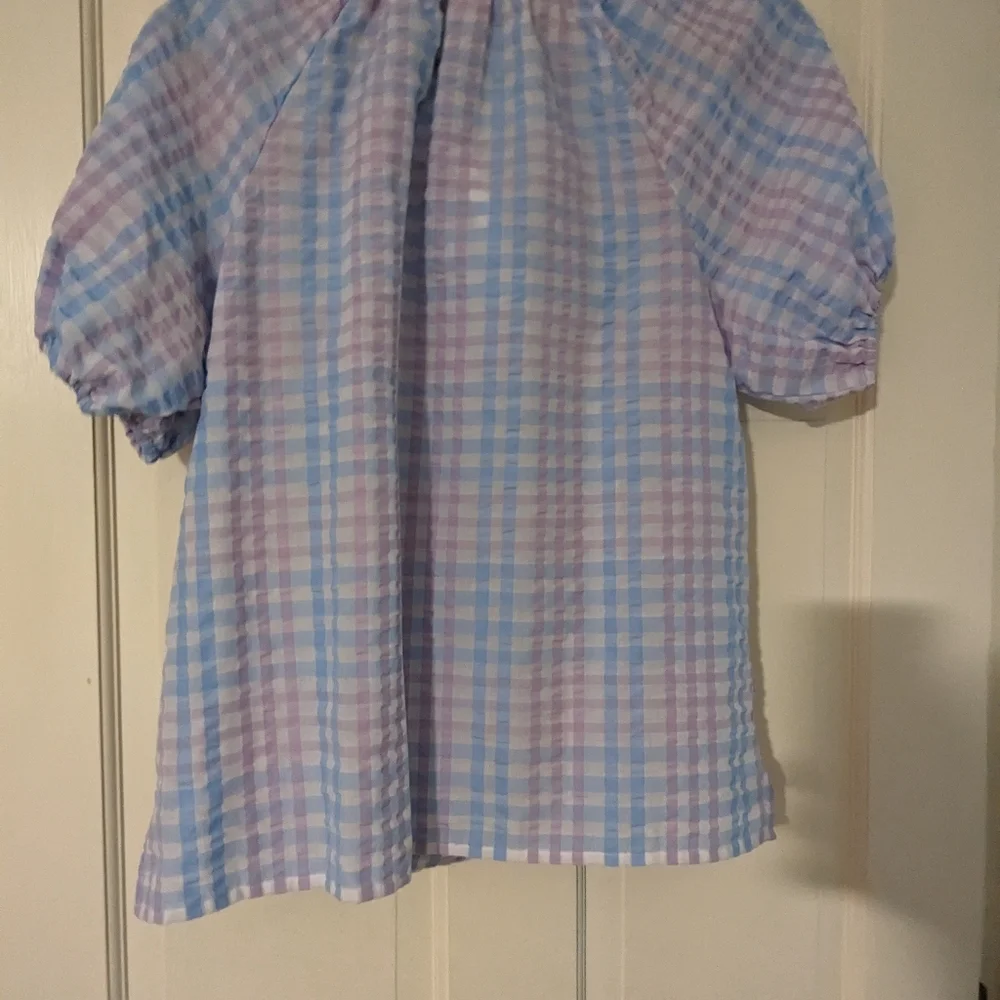 Loft Striped Tie Neck Puff Sleeve Blouse